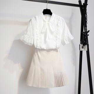 Set: Short-sleeve Ribbon-neck Top + Pleated Skirt
