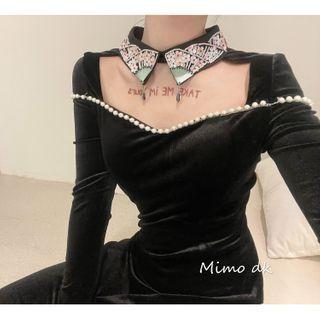 Floral Embroidered Collared Long-sleeve Midi A-line Dress