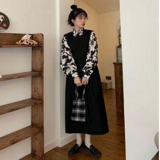 Floral Shirt / Plain Midi A-line Overall Dress