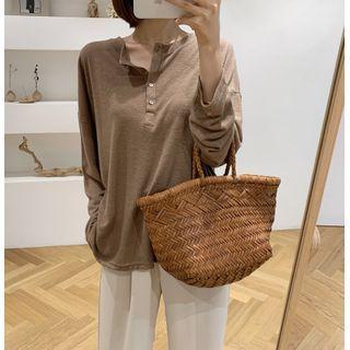 Long-sleeve Placket T-shirt Brown - One Size