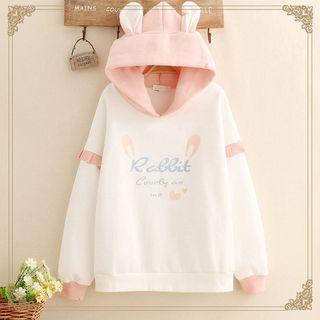 Ear-accent Hood Rabbit Print Fleece-lined Hoodie