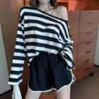 Striped Long-sleeve Oversize T-shirt / Drawstring Shorts As Shown In Figure - One Size