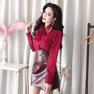 Bow Accent Blouse / Faux-leather Mini Skirt