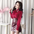 Bow Accent Blouse / Faux-leather Mini Skirt