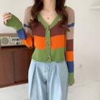 V-neck Color-block Light Cardigan Orange & Green & Khaki - One Size