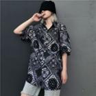 Couple Matching Elbow-sleeve Printed Shirt Black - One Size