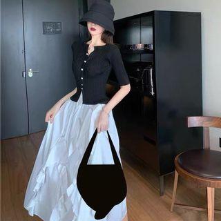 Set: Elbow Sleeve Crew Neck Plain Cardigan + High Waist Ruffled Midi A-line Skirt