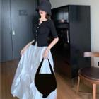 Set: Elbow Sleeve Crew Neck Plain Cardigan + High Waist Ruffled Midi A-line Skirt