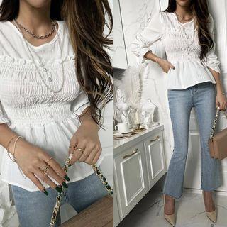 Frilled Faux-pearl Smocked Blouse White - One Size