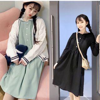 Sailor Collar Long-sleeve A-line Dress / Cable-knit Cardigan / Set: Sailor Collar Long-sleeve A-line Dress + Cable-knit Cardigan