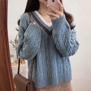 Contrast-trim V-neck Cable-knit Sweater/ High-waist Straight-cut Pants