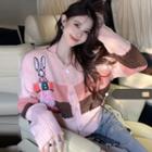 Rabbit Embroidered Striped Cardigan Pink - One Size