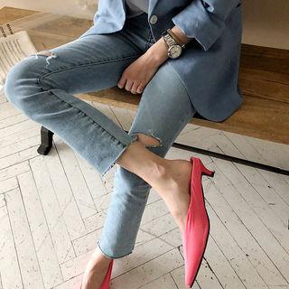 Slit-knee Washed Slim Straight-cut Jeans