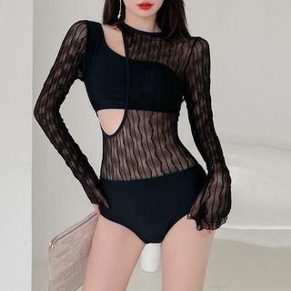 Long-sleeve Cut-out Mesh Panel Swimsuit