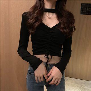 Key-hole V-neck Drawstring Long-sleeve Top