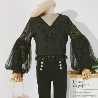 Balloon-sleeve Lace Blouse Black - One Size
