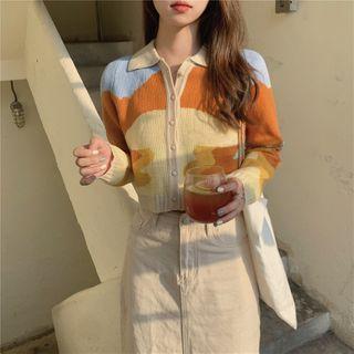 Color Block Collared Cropped Knit Cardigan As Shown In Figure - One Size