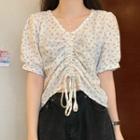 Short-sleeve Floral Print Darwstring Blouse