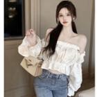 Puff Long-sleeve Off Shoulder Plain Ruched Ruffle Trim Cropped Blouse White - One Size