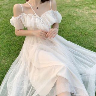 Cold-shoulder Ruffled Midi A-line Mesh Dress