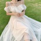 Cold-shoulder Ruffled Midi A-line Mesh Dress