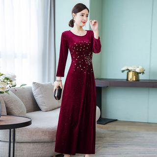 3/4-sleeve Embellished A-line Midi Evening Dress