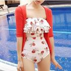 Rose Print Frilled Strapless Swimsuit