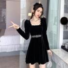 Long-sleeve Velvet Rhinestone A-line Dress