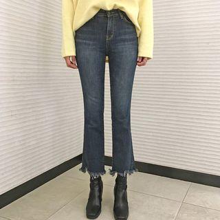 Fringe-hem Brushed-fleece Lined Boot-cut Jeans