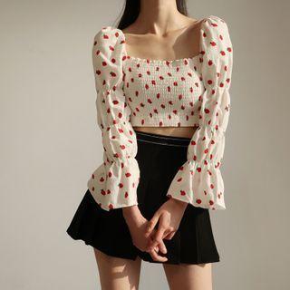 Print Off-shoulder Puff-sleeve Blouse