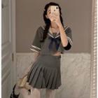 Set: Sailor-collar Crop Top + Pleated Mini Skirt