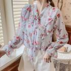 Bell-sleeve Floral Print Tie-neck Chiffon Blouse