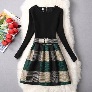 Mock Two-piece Long-sleeve Print Panel A-line Dress (various Designs)