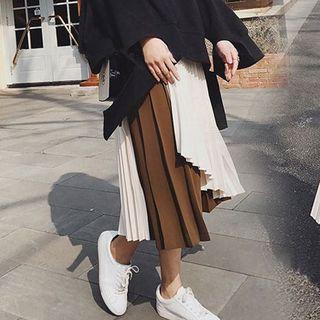 Set: Loose-fit Pullover + Color Block Midi Pleated Skirt