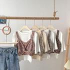 Set: Short-sleeve Plain T-shirt + Floral Twist Cropped Camisole Top