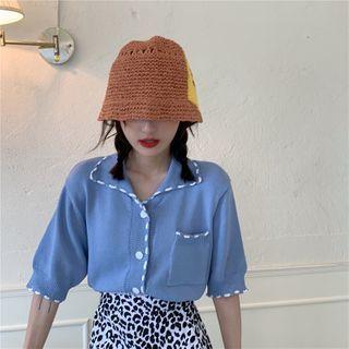 Short-sleeve Polo-neck Cardigan / Leopard Print A-line Skirt