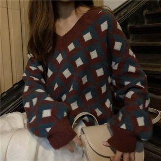 V-neck Check Sweater As Shown In Figure - One Size