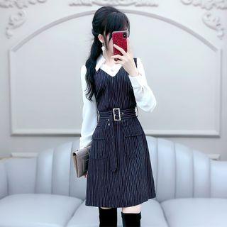 Mock Two-piece Long-sleeve Striped Dress Dark Navy Blue - M