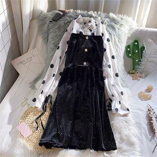 Dotted Panel Long-sleeve Midi A-line Dress Black - One Size
