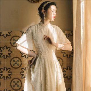 Textured Midi A-line Lace Qipao Dress