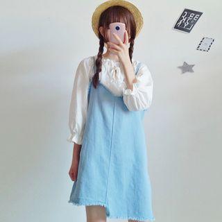 Lantern-sleeve Blouse / Frayed Denim Pinafore Dress