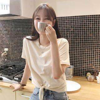 Tie-waist Cotton T-shirt Cream - One Size