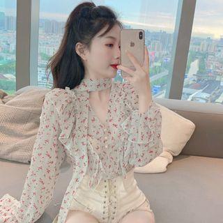 Long-sleeve Ruffle Trim Floral Blouse Light Almond - One Size