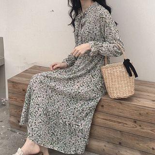 Floral Ribbon Lace-up Long-sleeve Dress