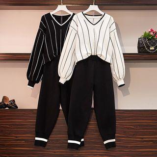 Set: Striped Lantern-sleeve Sweater + Cropped Harem Pants