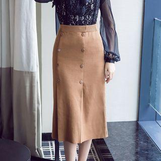 Button Detail Midi Knit Skirt