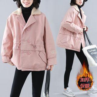 Letter Embroidered Fleece Collar Jacket Pink - One Size