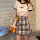 Short-sleeve Bear Print T-shirt / Plaid Mini Pencil Skirt