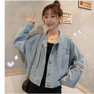 Distressed Tie-neck Denim Oversize Jacket
