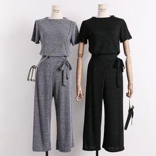 Set: Lightweight Knit Top + Tie-waist Wide-leg Pants